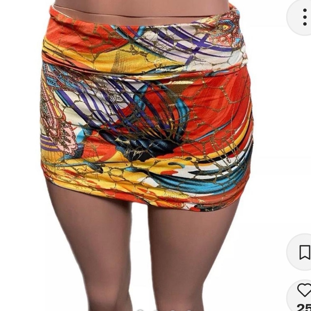 Y2K gold paint water color print fold over lined bodycon mini skirt new glam Vtg